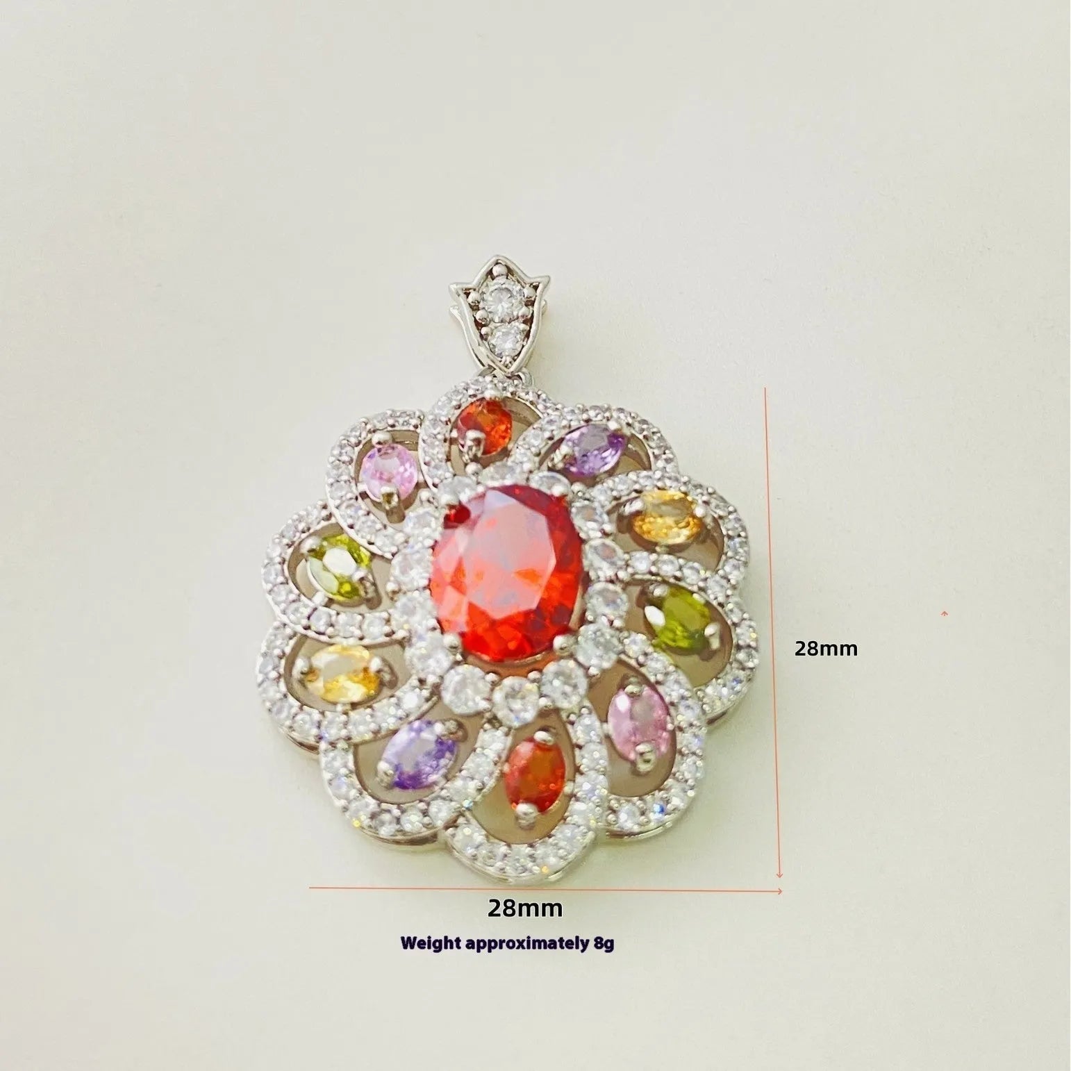Women's colourful zircon floral pendant necklace showing gold, champagne gold and platinum colour options