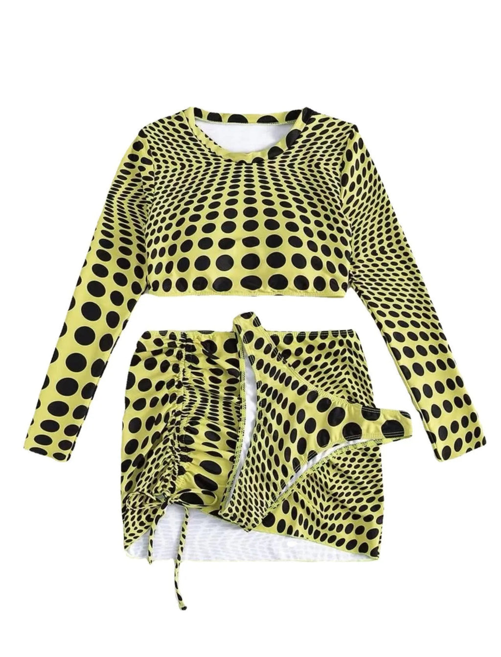 Women's green polka dot swimsuit three-piece set showing top, skirt, and bra components