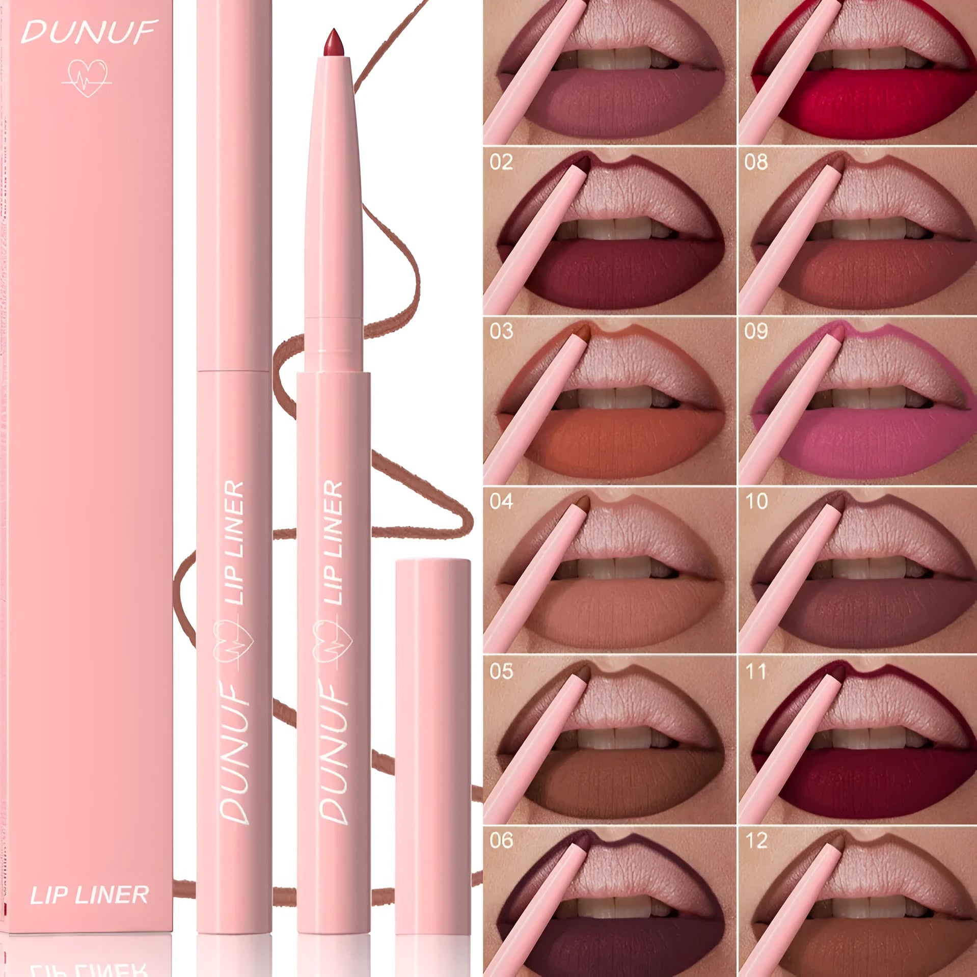 Velvet matte lip liner pencil in a display of 12 different colour shades.