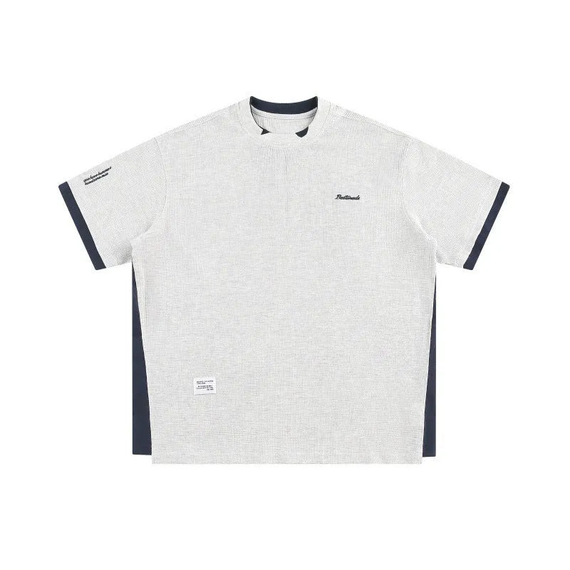 Loose fit waffle texture T-shirt with retro alphabet embroidery in navy blue colour