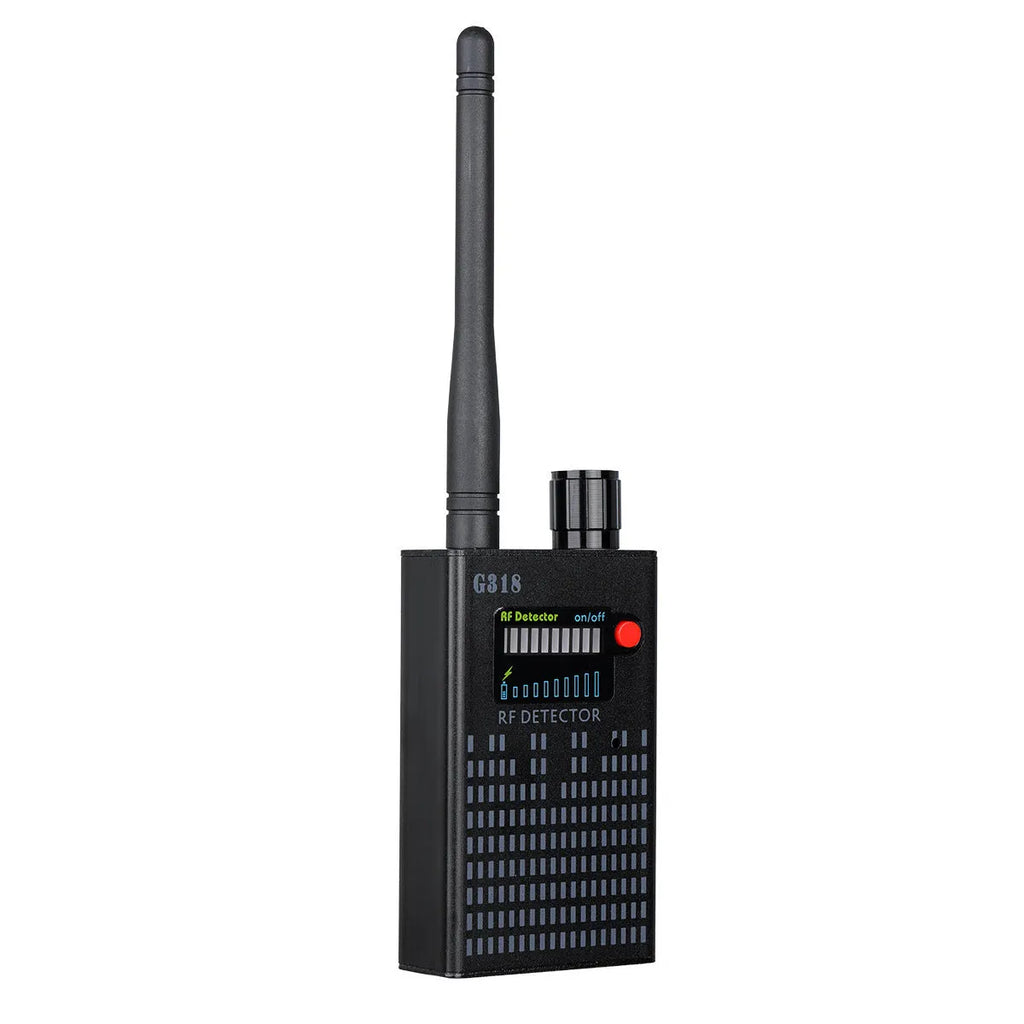 Black G318 anti-camera detector with aluminium alloy housing measuring 102 x 52.5 x 21.5 mm