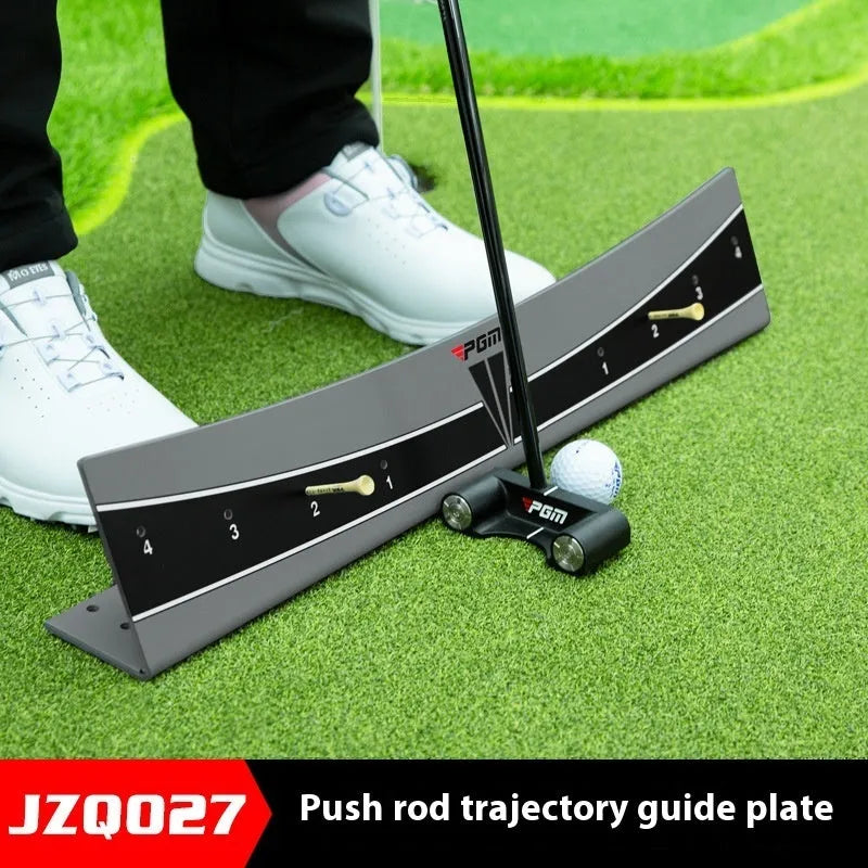 Adjustable golf putter trajectory balance simulator with PVC construction on a flat indoor surface.