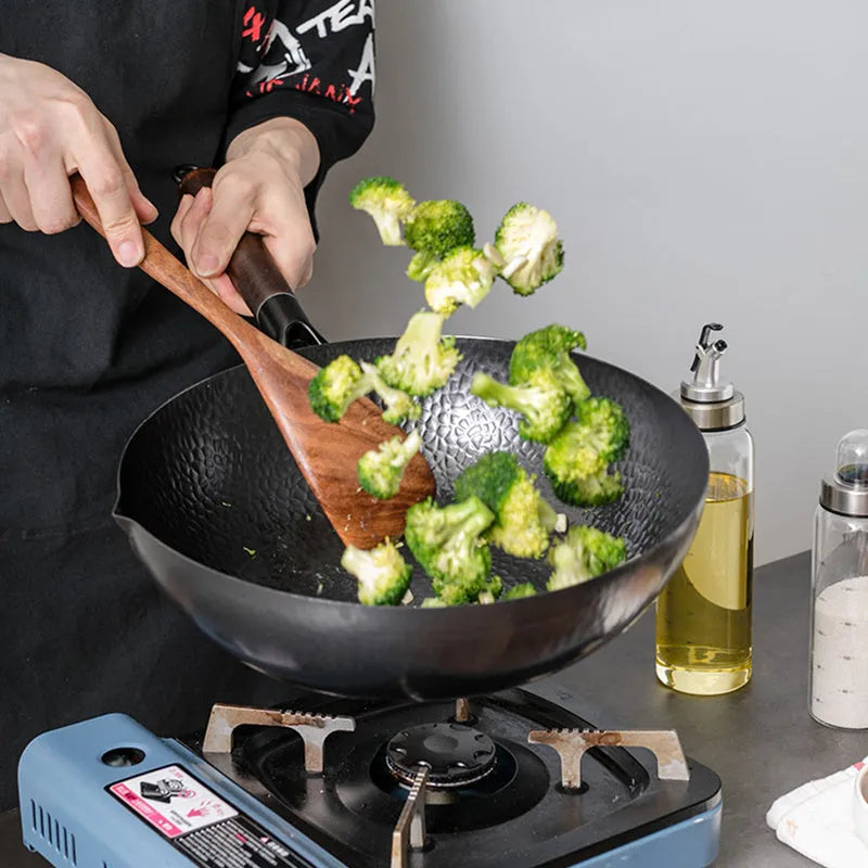 Traditional black iron wok with wooden handle, 32cm diameter