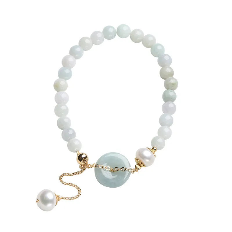 Women's jade pearl bracelet with natural emerald peace buckle charm in geometric national style