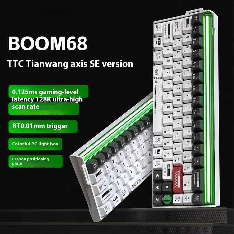 BOOM68 mechanical keyboard with RGB backlighting in Green Magic Blade colour on a desk