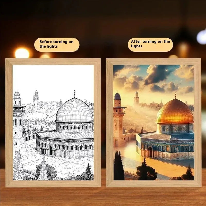 Modern rectangular LED light painting frame showing a sea and home scene on a wall.