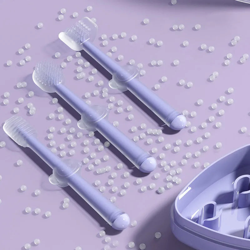 Soft silicone pet toothbrush for dogs and cats in purple, blue, and green colours with curved handle