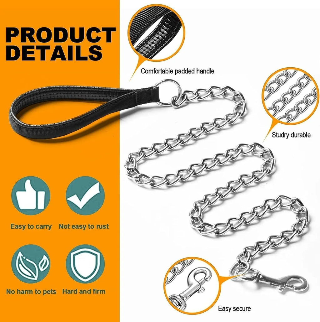 Heavy duty metal dog leash with chew proof chain and soft padded handle for large dogs