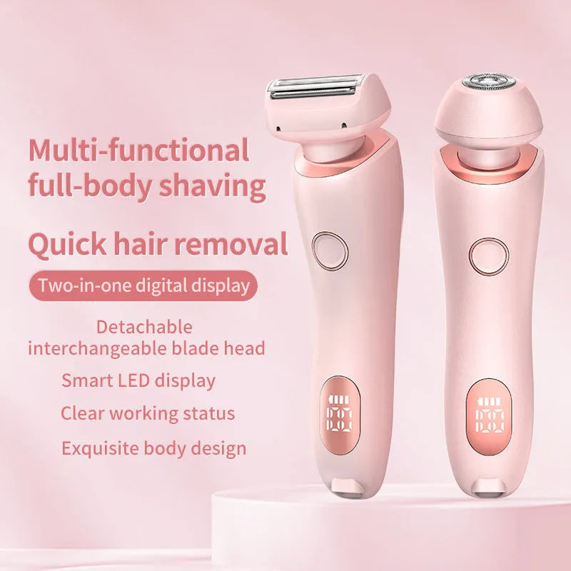 2-in-1 USB rechargeable electric shaver for women with square and round heads, pink colour, for whole body hair removal