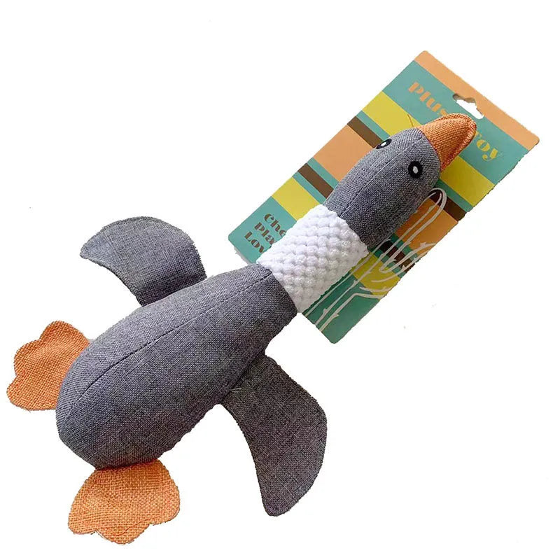 Blue plush duck dog chew toy with two squeakers measuring 33cm by 10cm