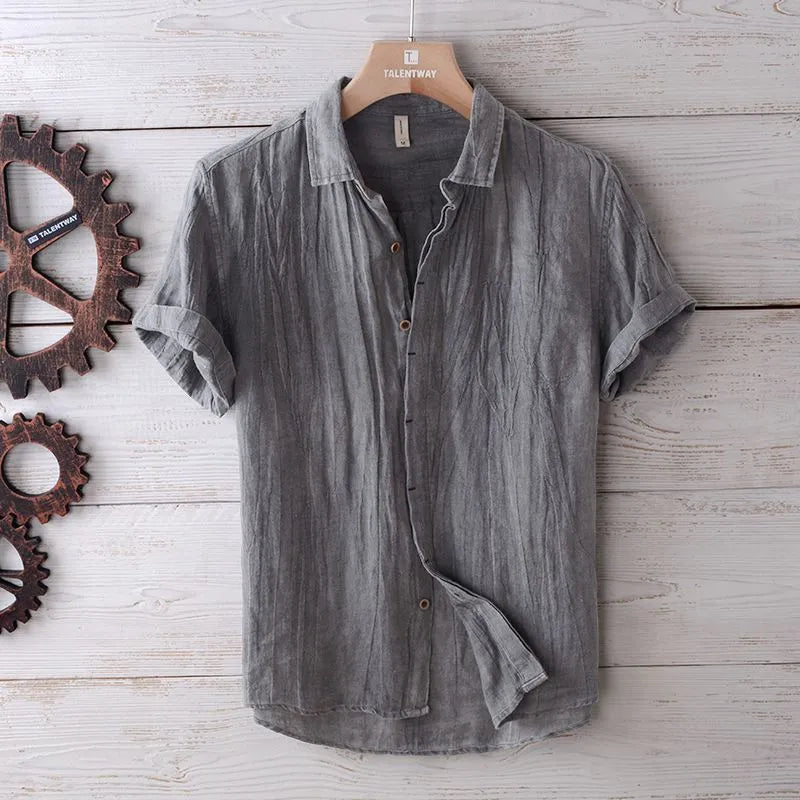 Men's solid colour retro distressed linen shirt in white with relaxed fit and button front