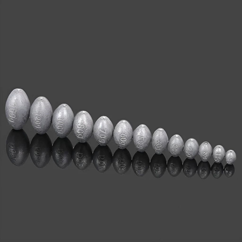 Sea fishing olive lead sinker with plastic core, rugby shape, and textured scale surface
