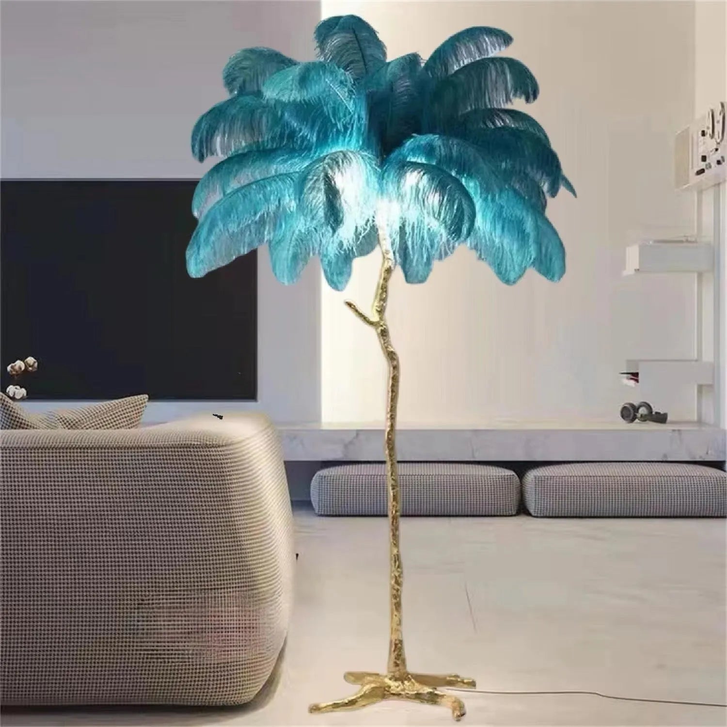 Tall decorative resin floor lamp with feather details in choice of dark green, pink, or white colours