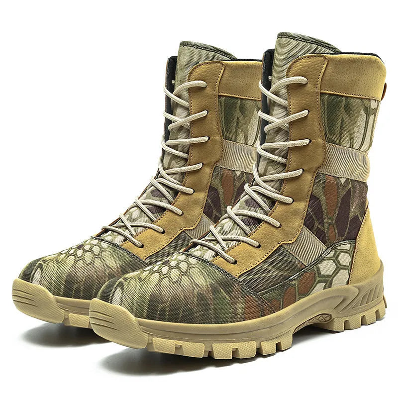 Men's black and camouflage high-top Martin boots with mesh upper and totem detailing