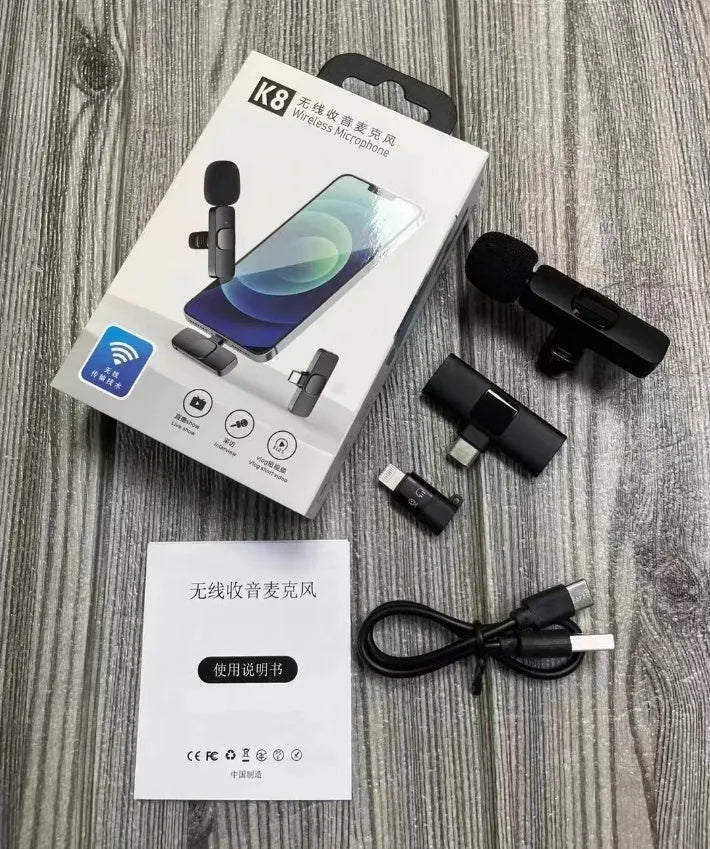 Wireless collar clip microphone for smartphones, showing clip design and available connection options.