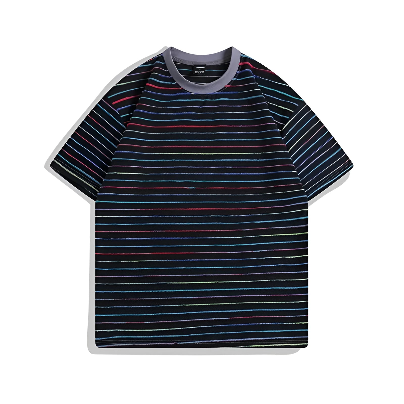 A striped, loose-fitting couple's T-shirt with a round neck and short sleeves, shown in various colours.