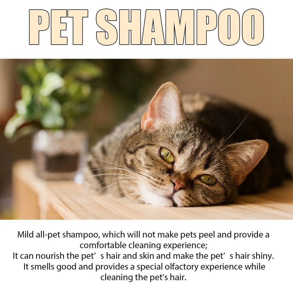 Bottle of mild pet shampoo for cats and dogs that softens fur and helps with knots