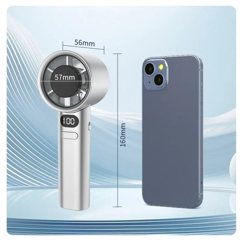 Handheld USB fan showing 120-speed control, brushless motor, and available in green, khaki, silver, or white colours
