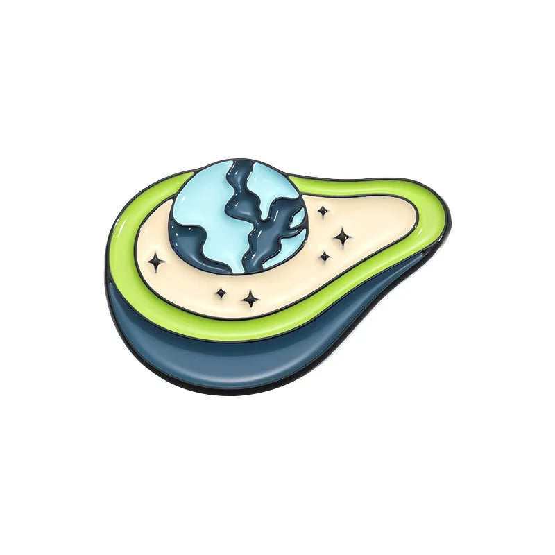 Colourful cartoon fruit design zinc alloy brooch pin on a fabric background.