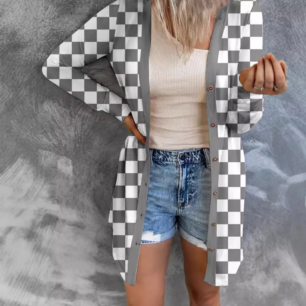Women's long grey plaid coat cardigan with loose knitted design and regular sleeves