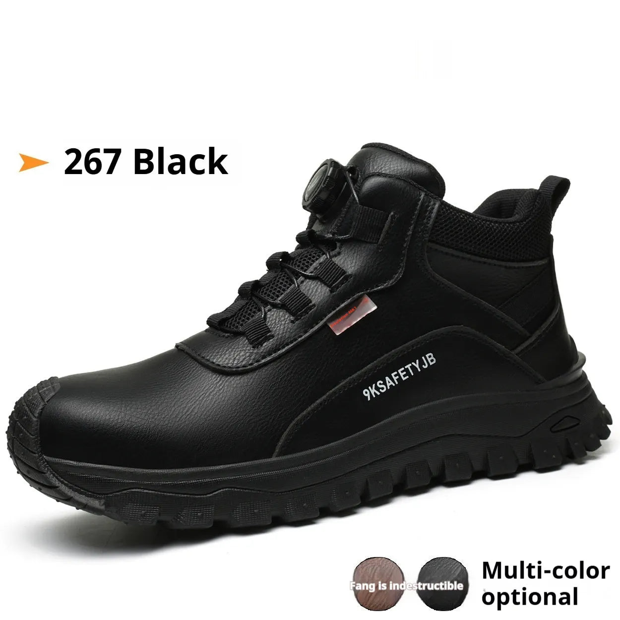 Flyknit safety work shoes with leather upper and rubber sole in multiple colours