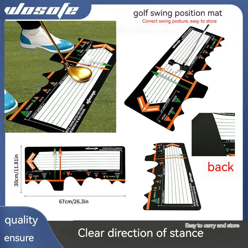 Black neoprene golf swing training mat with white alignment markings for stance correction.