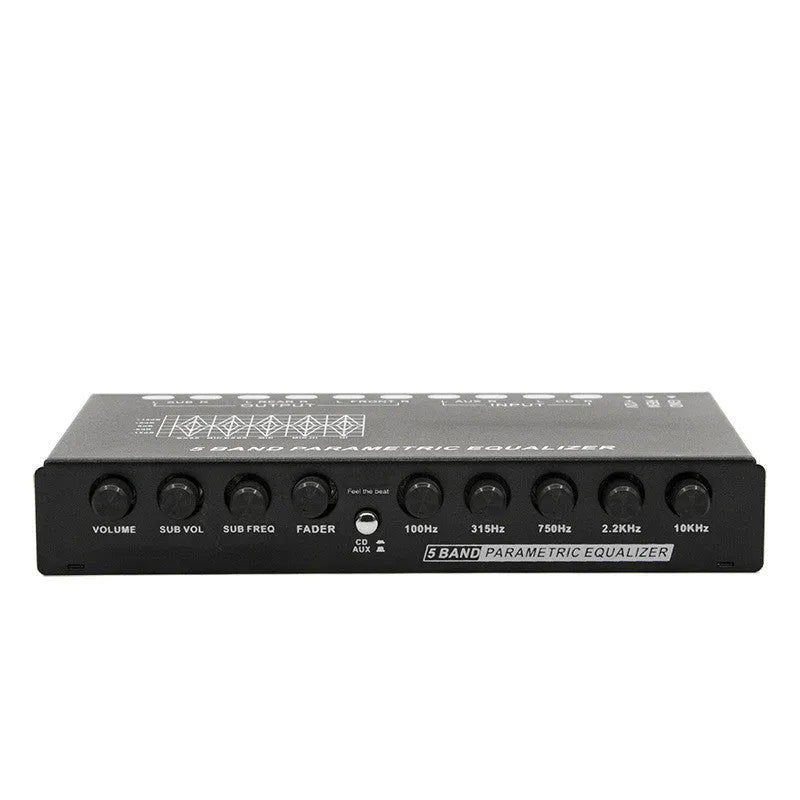 Black car audio equaliser amplifier unit with control knobs for 6-channel output and subwoofer tuning.