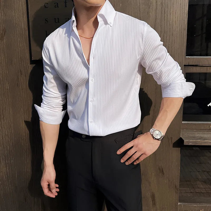 Men's dark striped long sleeve V-neck casual shirt in cardigan style