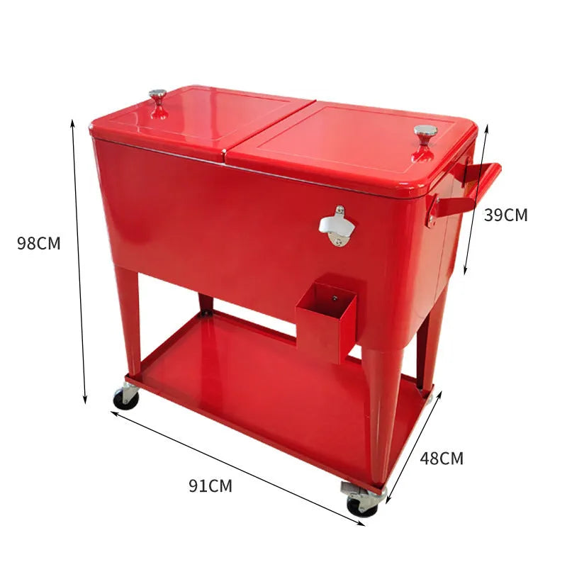 Red outdoor metal insulated trolley cooler with wheels for picnics, 750ml capacity.
