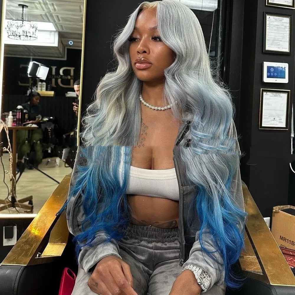 Grey to blue gradient colour human hair wig in Ruili style on a model.