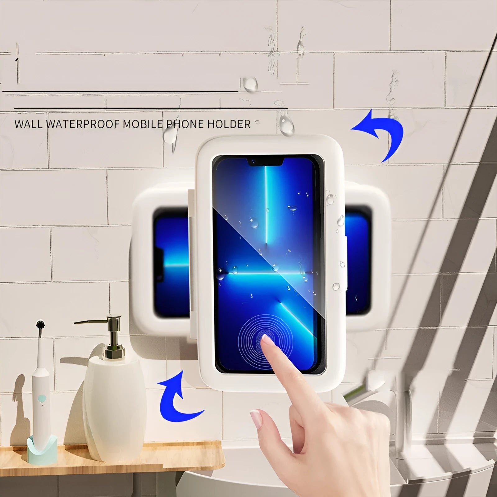 Waterproof bathroom phone holder with touch screen mounted on tile