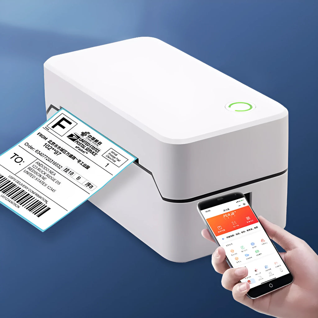 TDL401H compact Bluetooth thermal printer for express order printing, shown with UK plug.