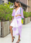Light purple women's beach dress cardigan with lace embroidery detail.