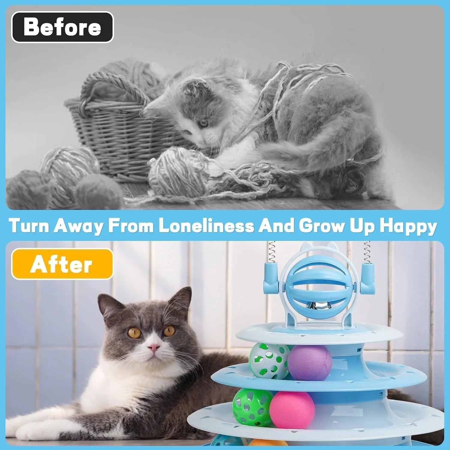 Blue 4-tier interactive cat puzzle toy with balls and teasing rods on a non-slip base.