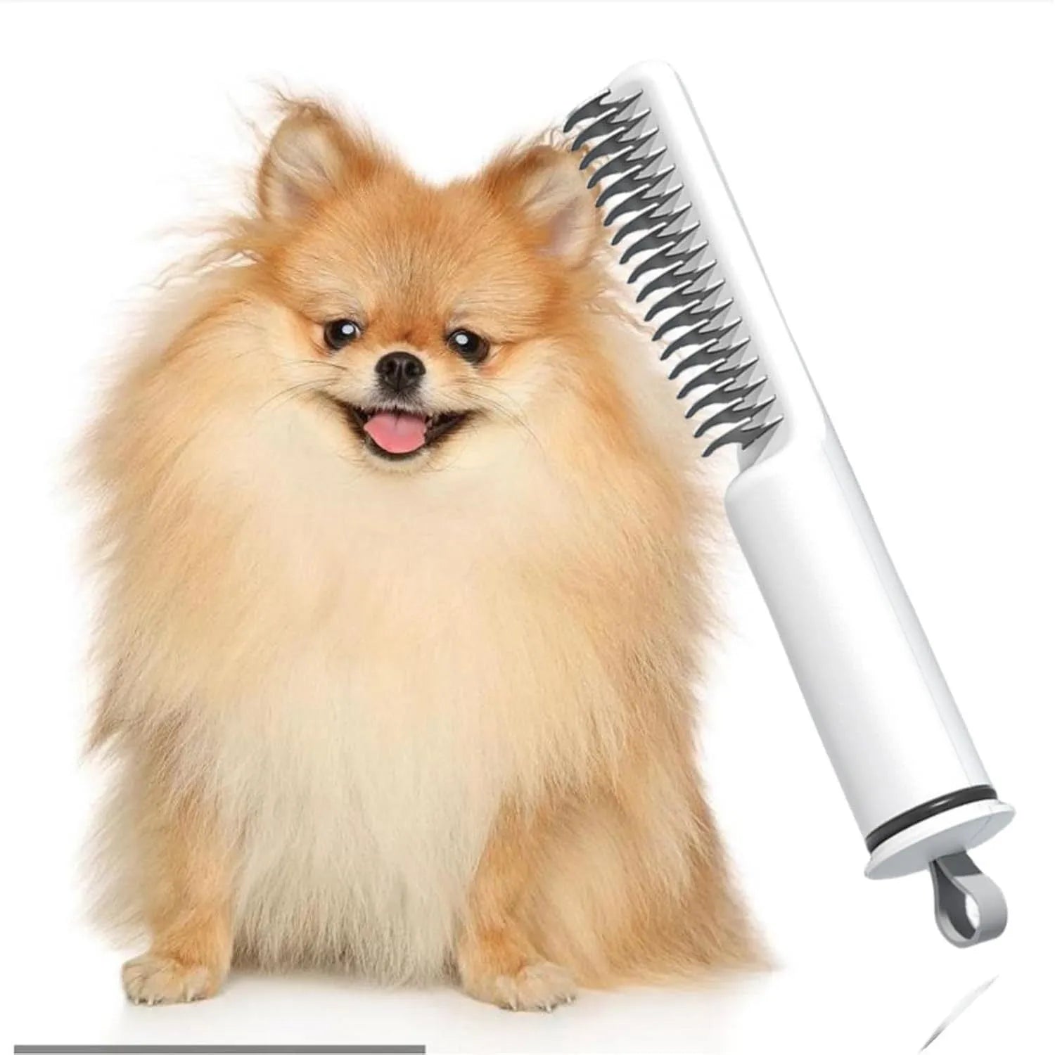 Stainless steel pet detangling comb with rake teeth on a pink handle for removing knots from dog hair.