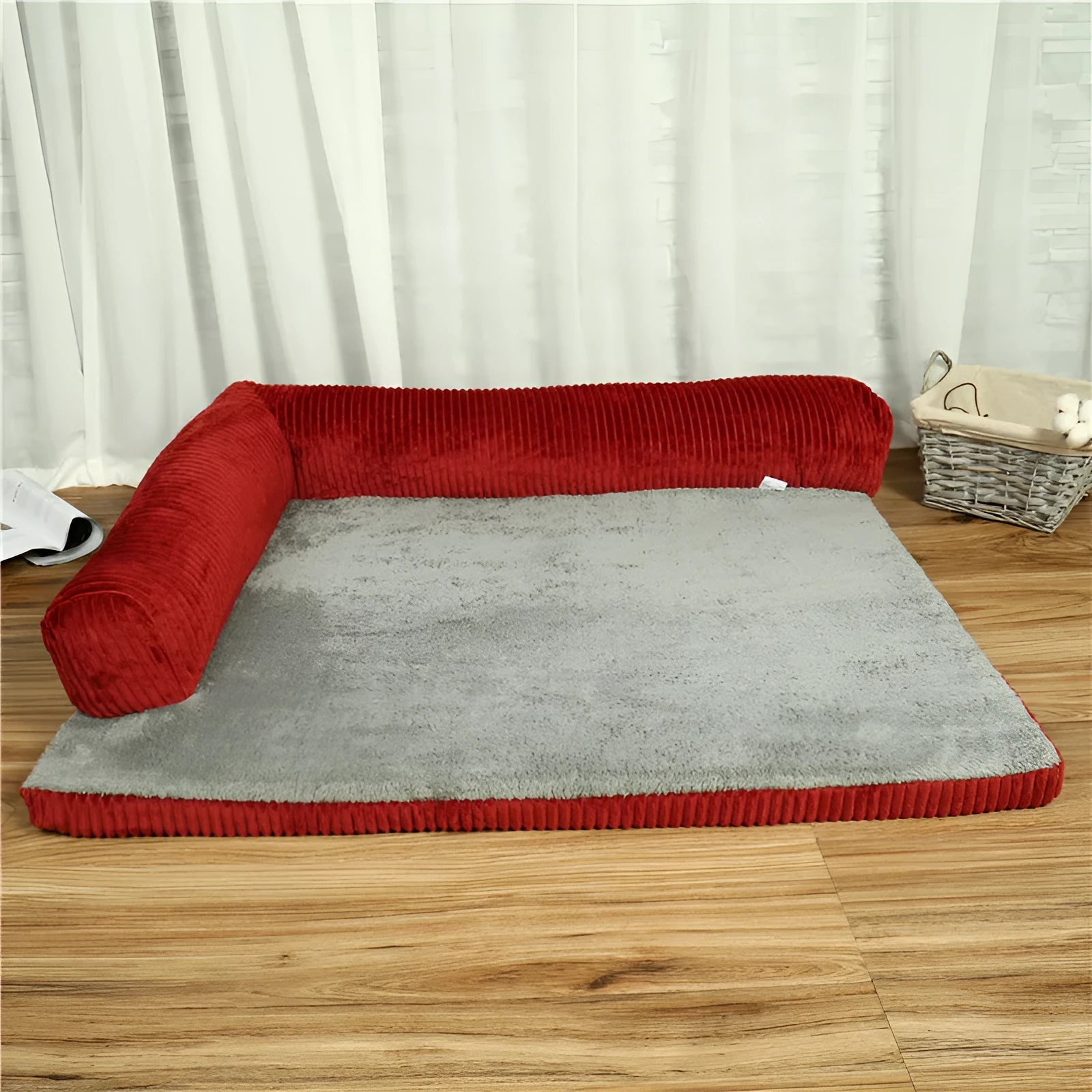 Corduroy dog bed sofa showing coffee colour option with non-slip base and four size variations