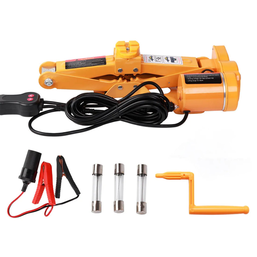 Vehicle-mounted electric hydraulic jack kit with 2-tonne capacity and 100W motor.