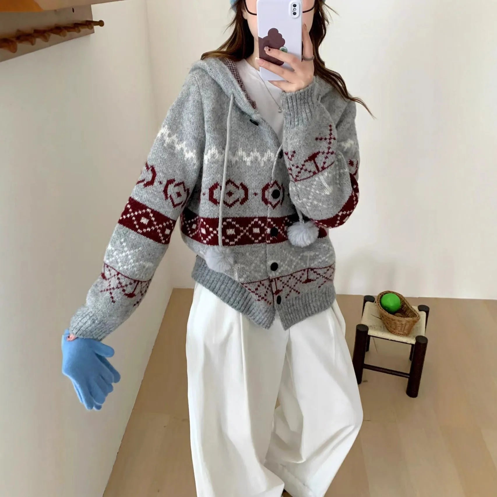 Plus size women's loose fit brocade sweater coat with geometric pattern in beige