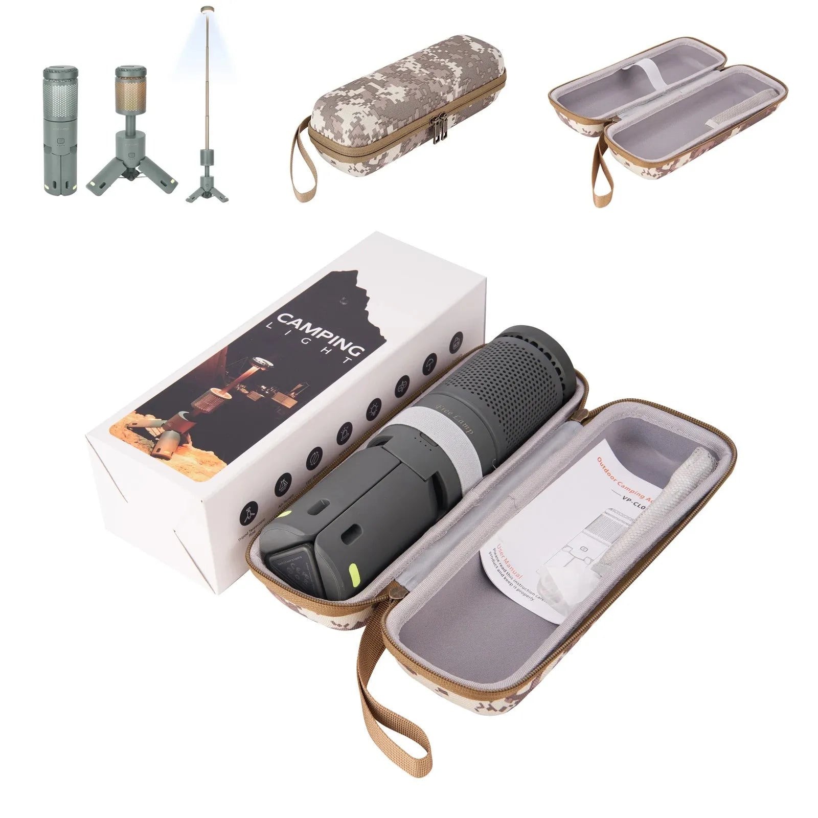 Camping lantern portable LED light in off white or dark grey colour with button switch