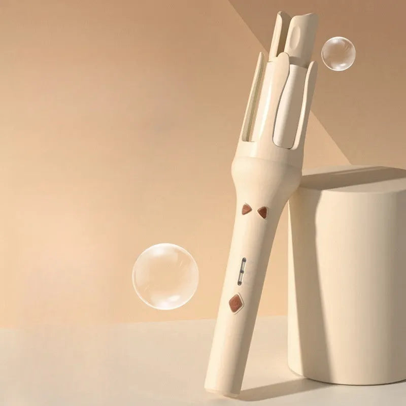 White automatic hair curler with 32mm ceramic barrel and international plug adapters