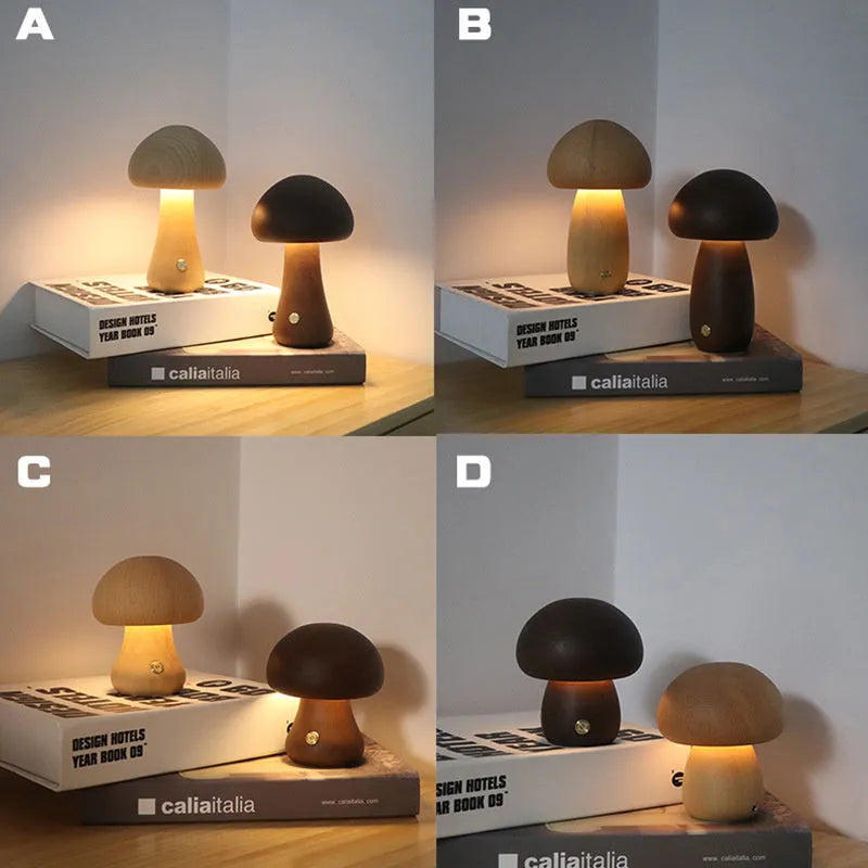 Wooden mushroom-shaped LED night light with touch switch on a bedside table, beech finish, 165 x 100 mm