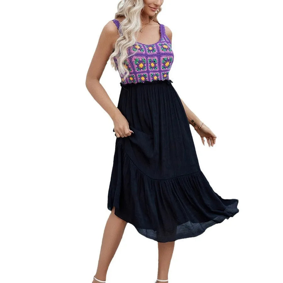 Purple hand hook flower stitching sleeveless dress with cotton yarn fabric and acrylic skirt