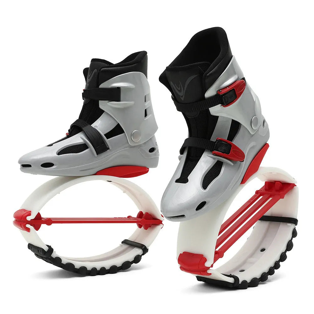 TPU bouncing shoes for sports in colours like black silver, green black, and rose pink.