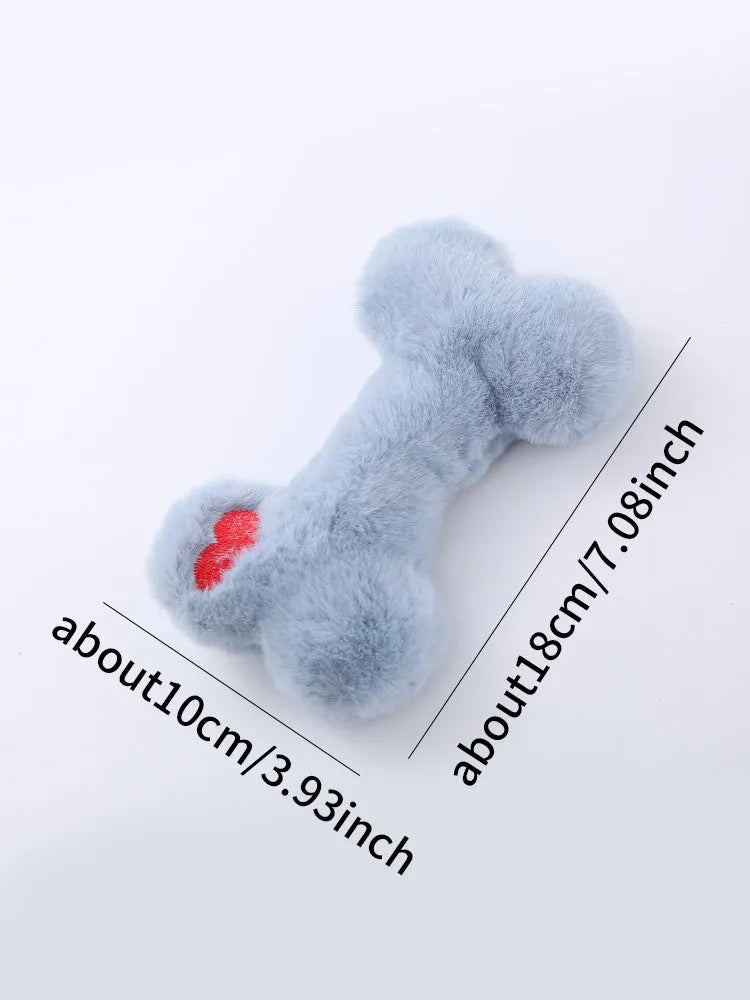 Blue love bone shaped dog plush toy with a squeaker, shown next to pink and yellow colour options.