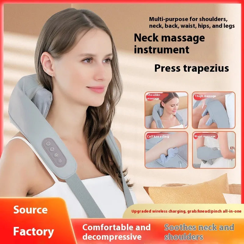 Grey elastic fabric portable massager with USB charging cable for neck back and waist infrared physiotherapy