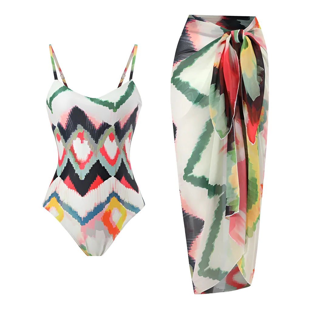 Women’s striped two-piece swimsuit with matching hip skirt in quick-dry polyester fabric