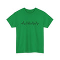 Green short sleeve cotton t-shirt with a printed letter and pattern design.