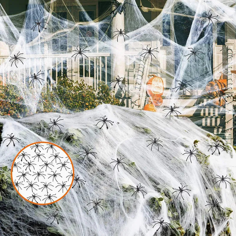 Halloween decoration bundle showing white cotton spiders in various pack sizes for haunted house props