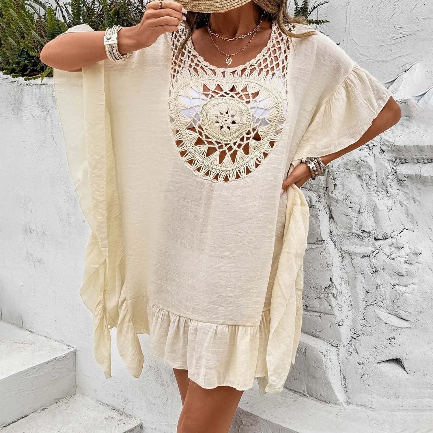 Crochet patchwork beach dress cover-up in slubbed hollow yarn fabric with collage stitching details