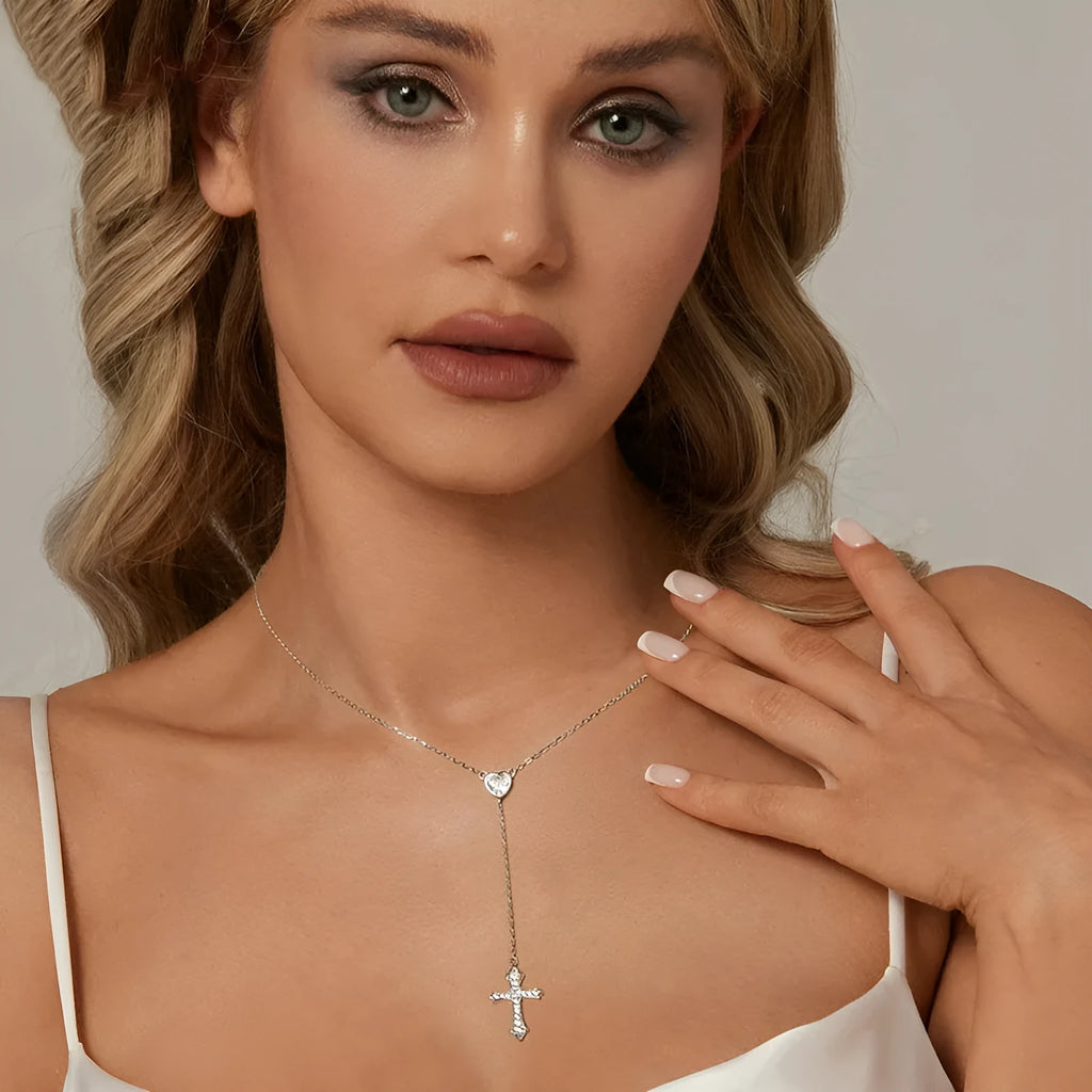 925 silver love cross pendant necklace on V-neck chain in BSN384 colour
